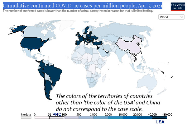 Инфографика: сравнение поражения ковидом (случаев на миллион человек) населения США и КНР.