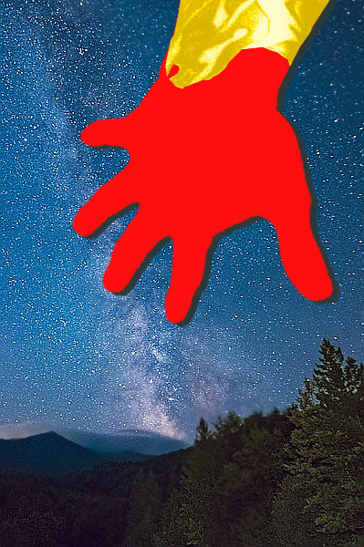 Красная рука в золотой облицовке тянется к человеческому Миру.